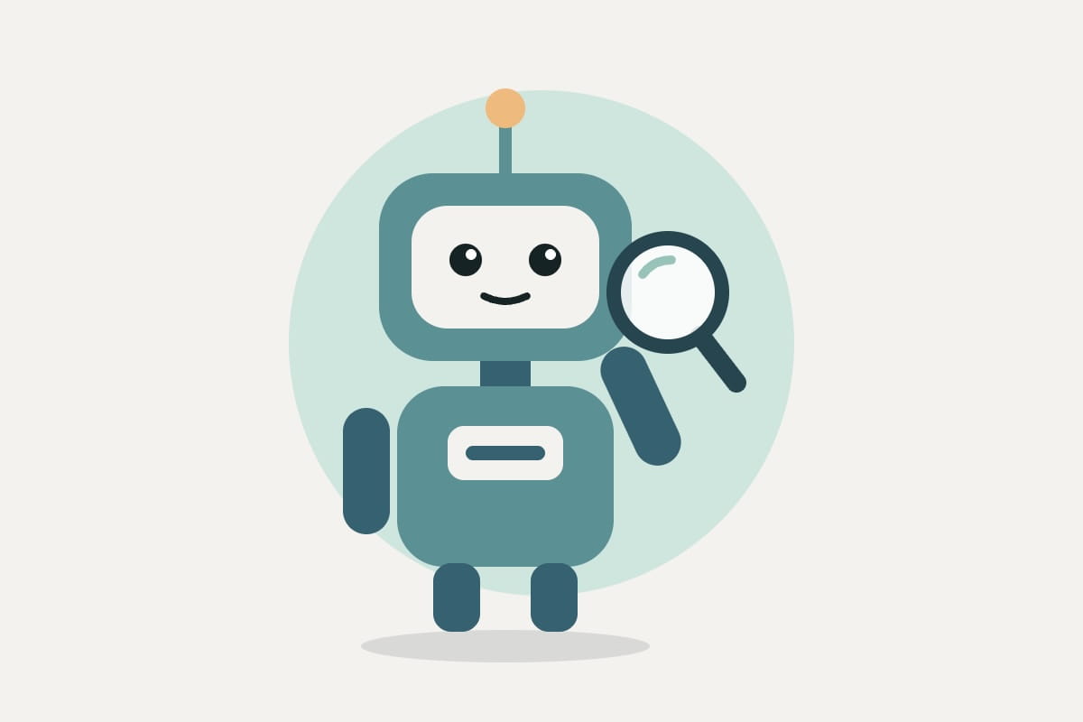 AI search crawler robot with a magnifying glass