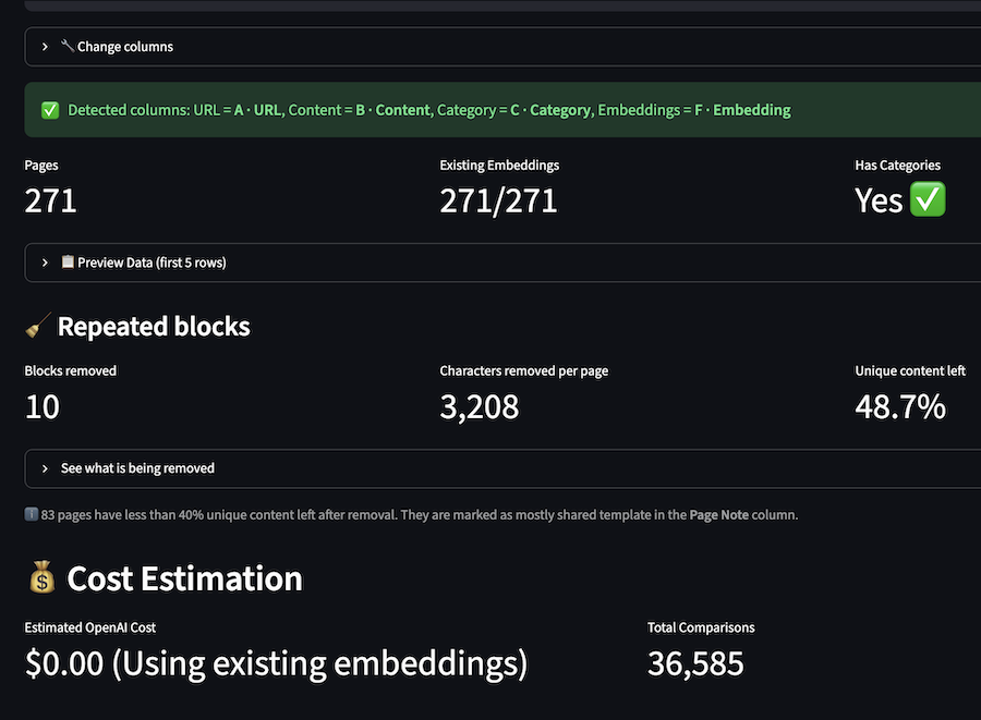 Cost estimate showing $0.00 when all 271 pages already have embeddings