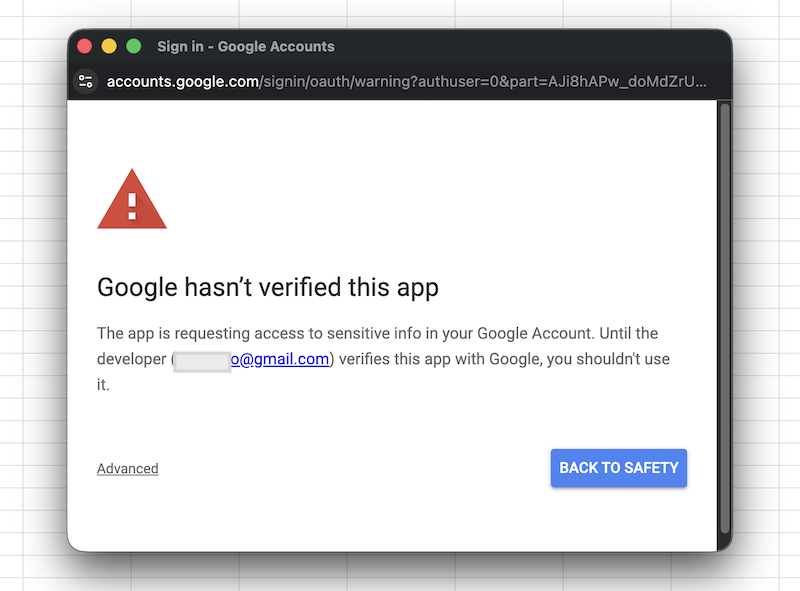 Notice in sheets: Google hasn’t verified this app