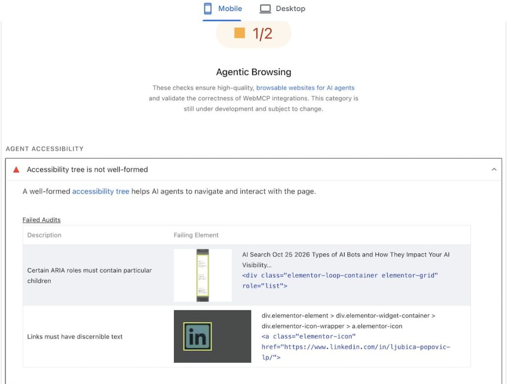 Lighthouse Agentic Browsing result showing 1/2, with an accessibility tree error caused by an Elementor blog grid and a LinkedIn icon link