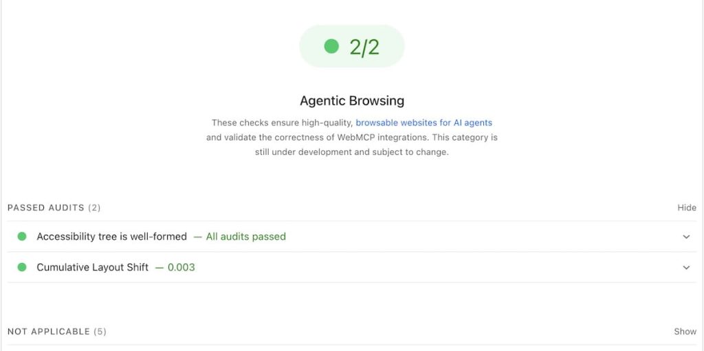 Lighthouse Agentic Browsing result showing 2/2, with the accessibility tree and layout stability checks passed